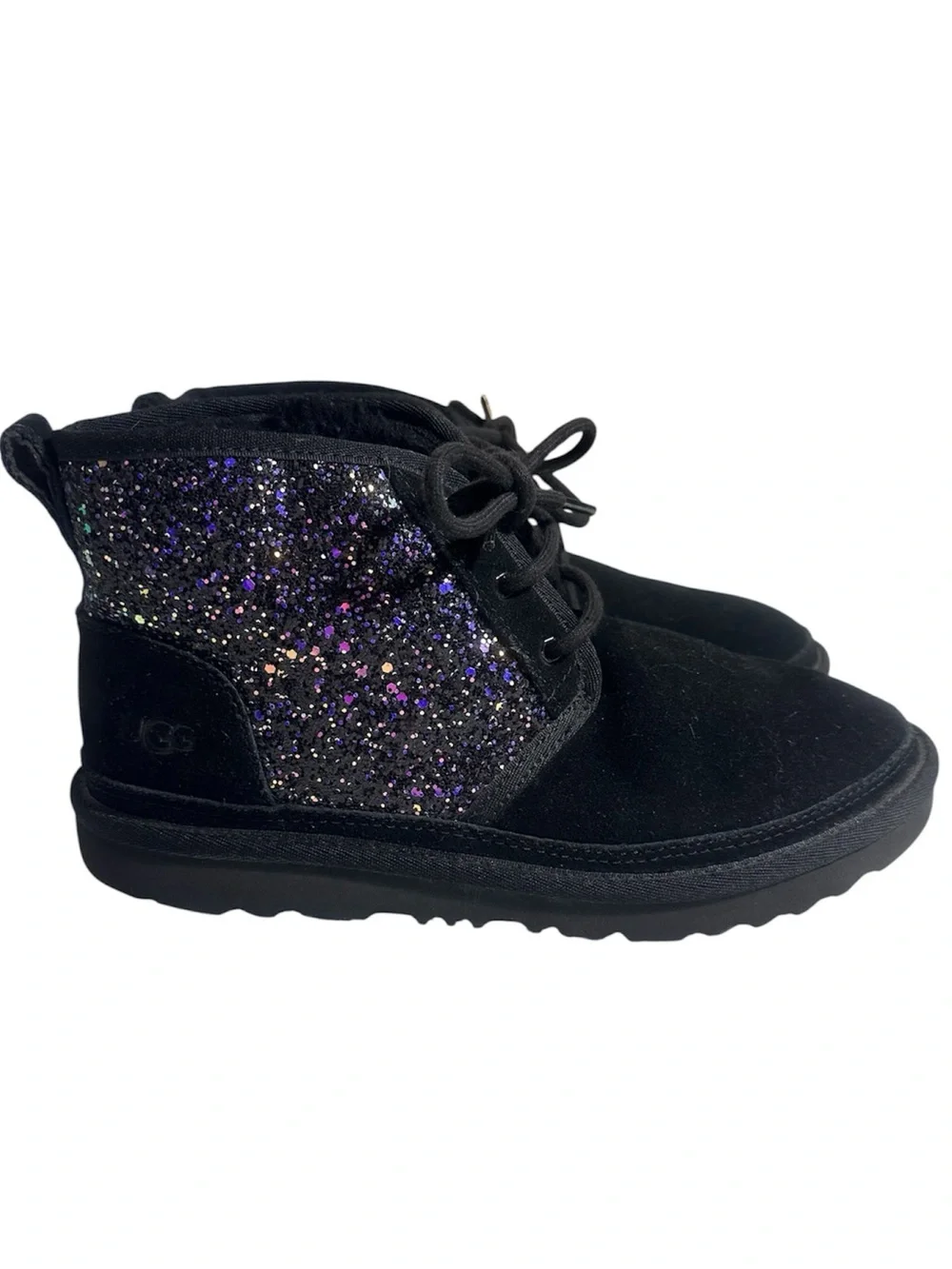UGG Neumel II Cosmos boots black suede with purple glitter girls 6
